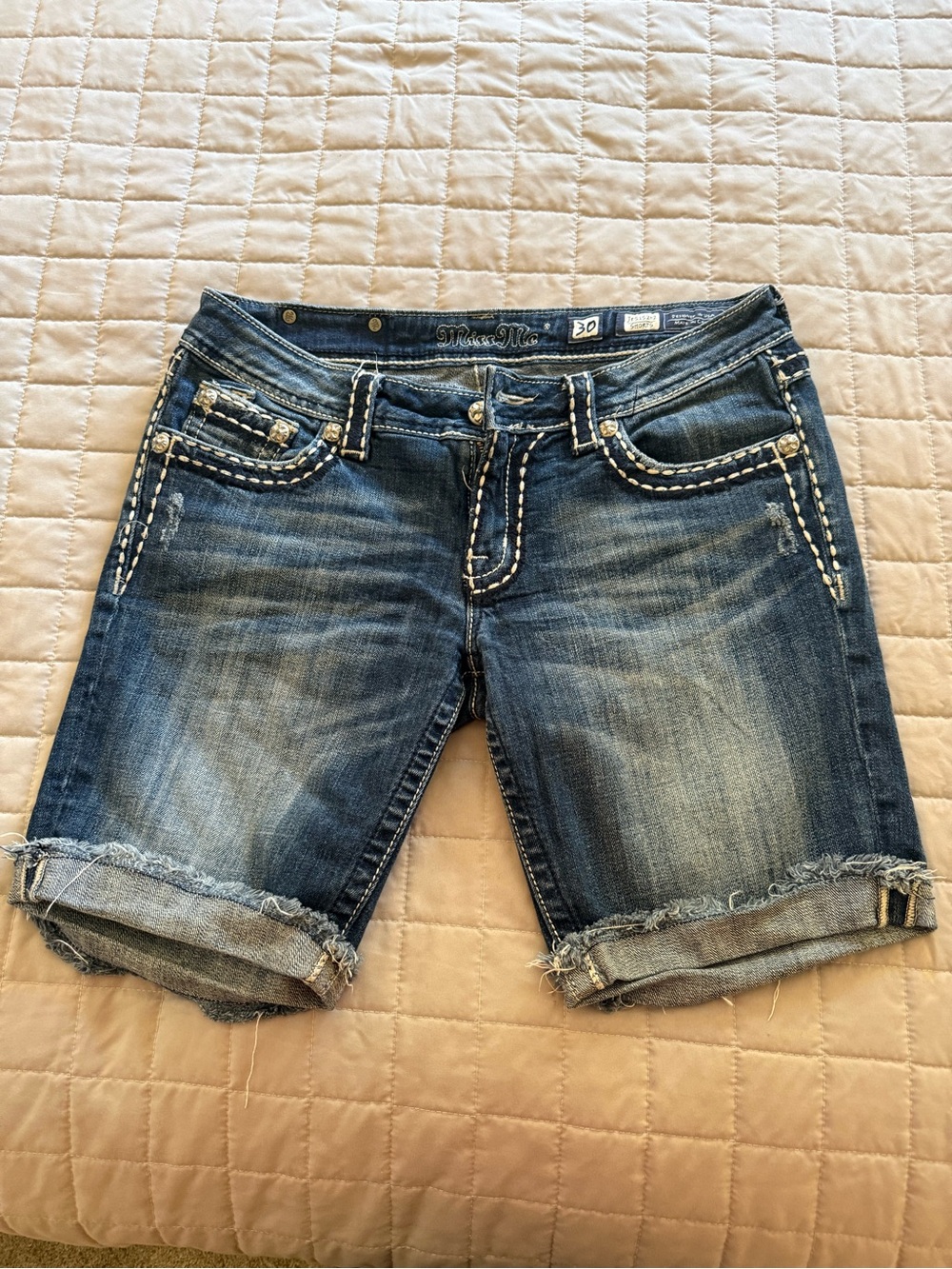 Miss Me Blue Distressed Rolled Hem Denim Shorts